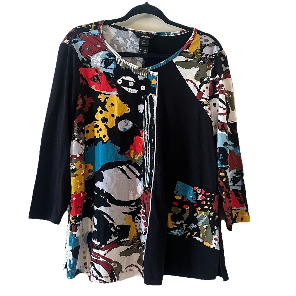 Ali Miles Colorful Artsy Tunic Top Wearable Art Lagenlook Patchwork Pocket Sz M